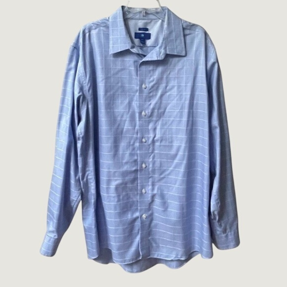 Egara Light Blue Windowpane Plaid Button Down Dress Shirt Mens 2XL Tall